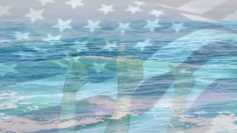 Digital-composition-of-waving-us-flag-over-hands-showing-thumbs-up-against-sea-waves