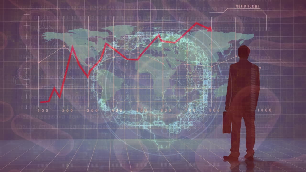 검은색 바탕에 있는 뇌와 세포에 대한 빨간 점의 애니메이션과 데이터 처리가 있습니다.