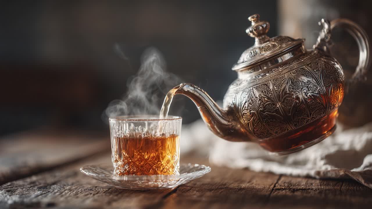 Tè elegante e fumante versato con grazia da una teiera dal design elaborato in una delicata tazza di vetro su un tavolo rustico in legno, catturando l'arte del servizio del tè