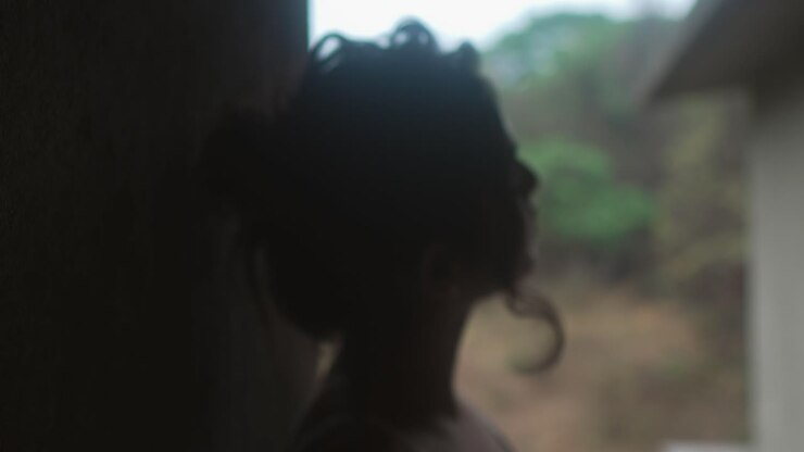 Silhouette of a woman in soft focus gazing out from a dim, rustic setting