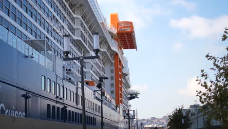 close-up of a cruise ship docked at a port