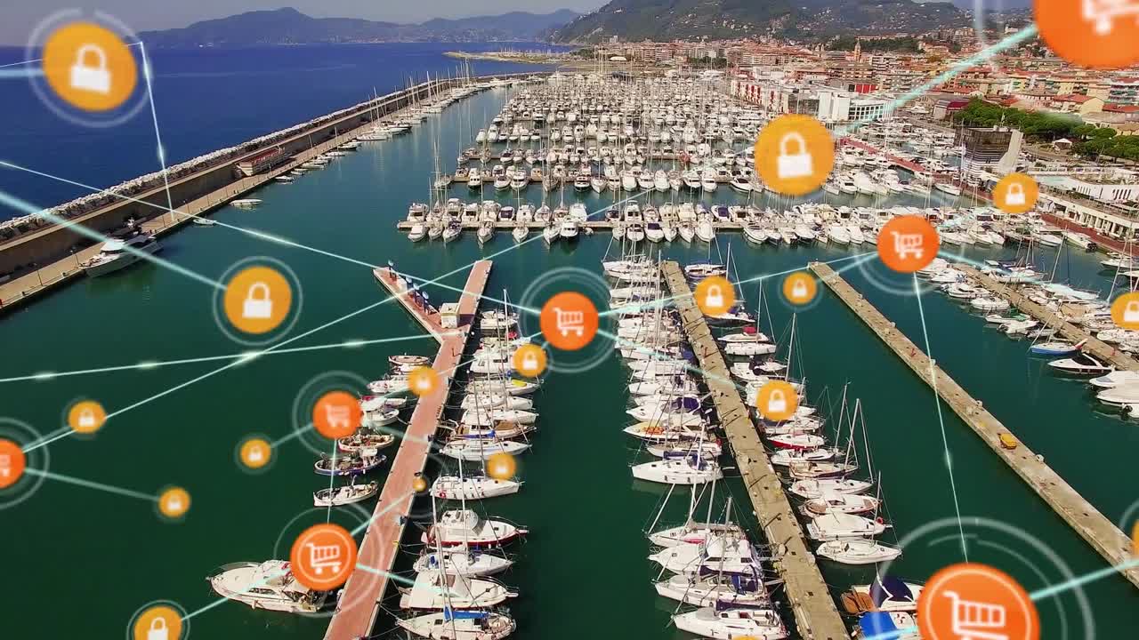 animación de la red de conexiones con iconos sobre el puerto