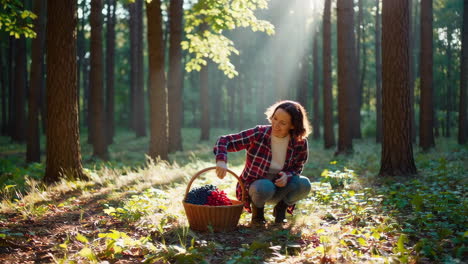 woman picking berries in a forest