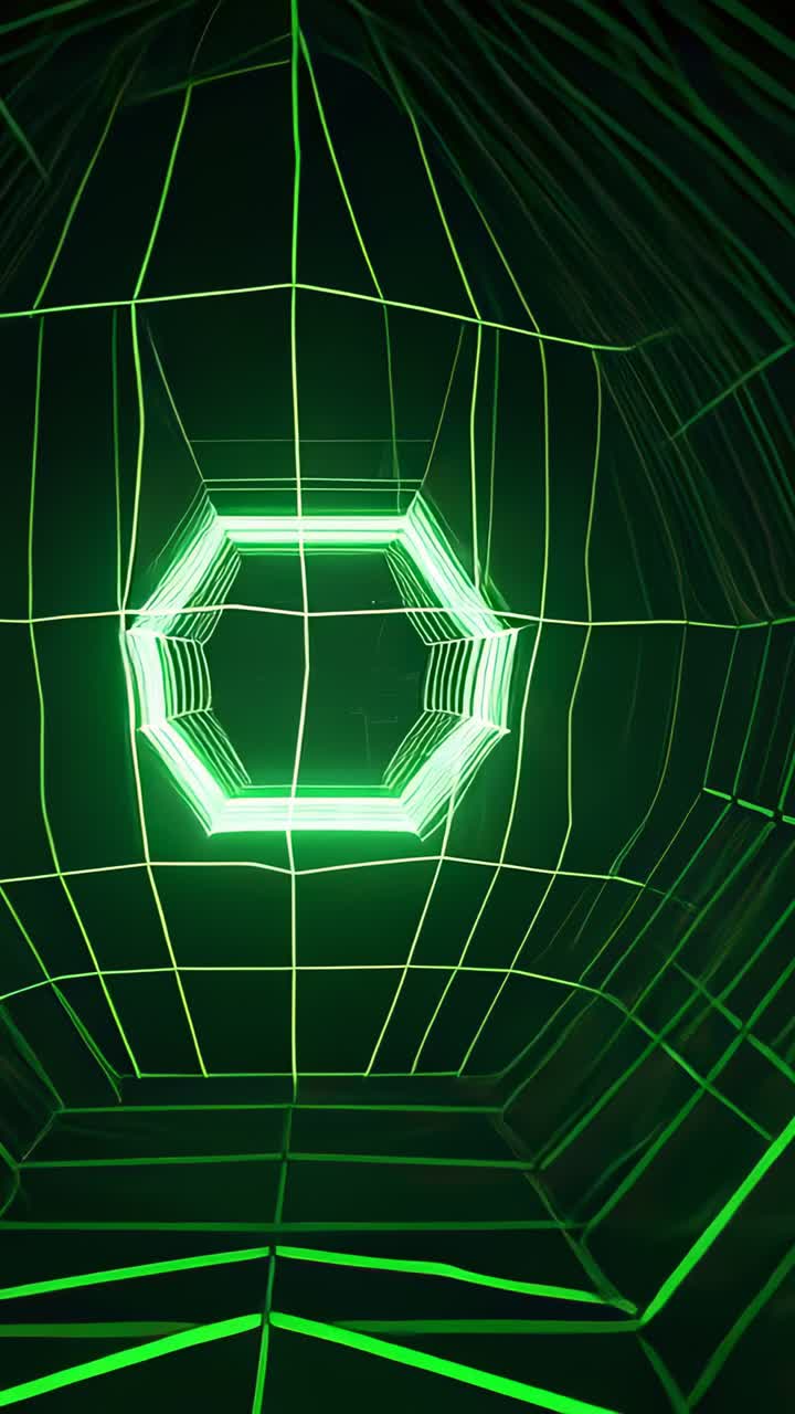 Vertical video: Forming neon tunnel initiating camera moving through hexagon frame, pulsating lines