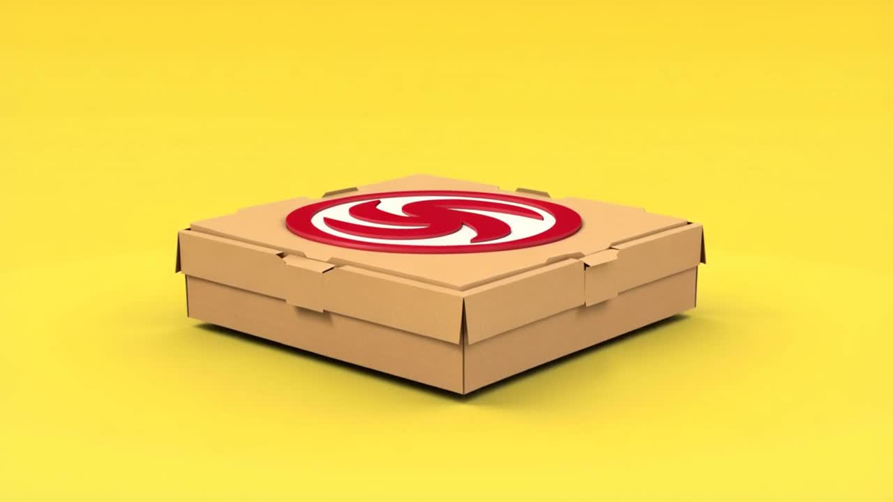 Scatola della pizza che si apre, si chiude e fluttua su sfondo giallo