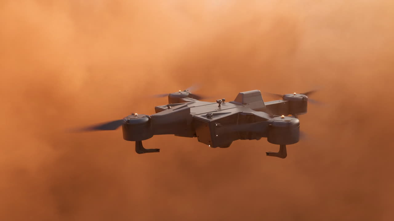 Drönare flyger genom orange dammoln, autonom quadcopter kartlägger ökenlandskap, rotorvindar virvlar upp.