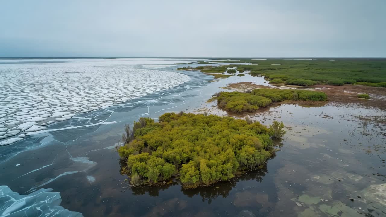 Launching drone for surveying ice floes and emerging shrub island over frozen lake toward mud flats