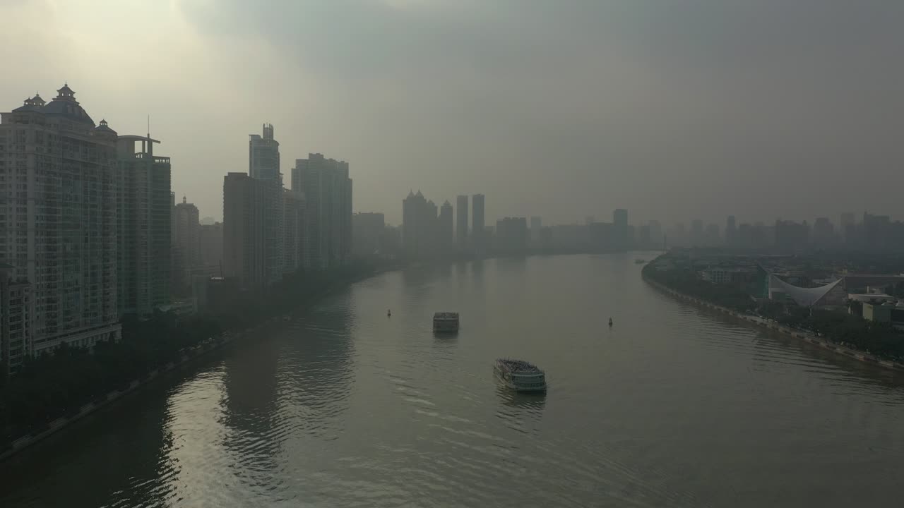 광저우 성, 진주 강 교통, 공중 파노라마, 4k, 중국