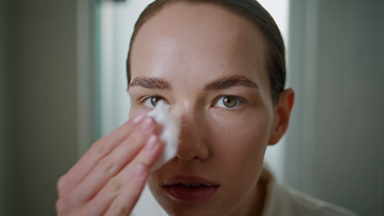 Beauty girl applying toner on ideal skin closeup. Attractive model cleansing