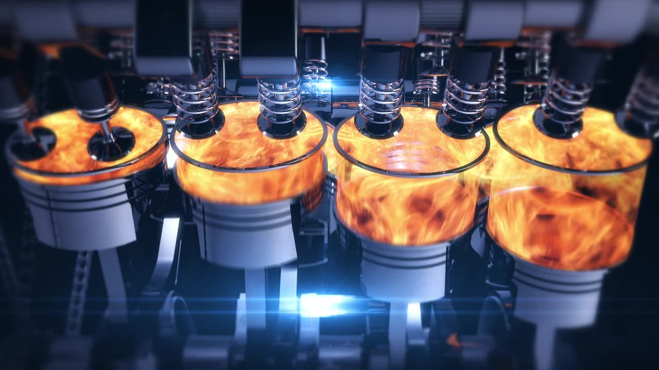 animación 3d de un motor v8 de inyección de combustible con explosiones
