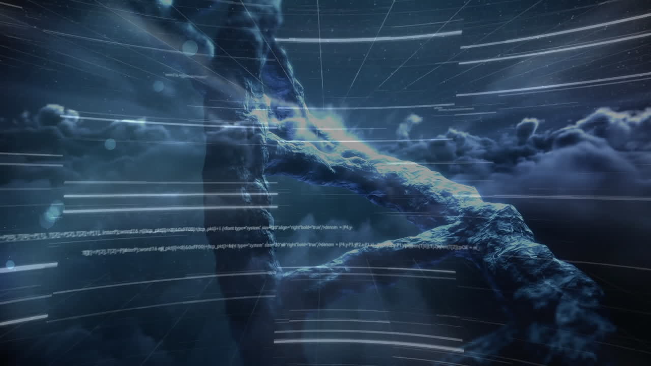 검은 바탕의 구름 위의 데이터 처리 및 dna  ⁇ 의 애니메이션