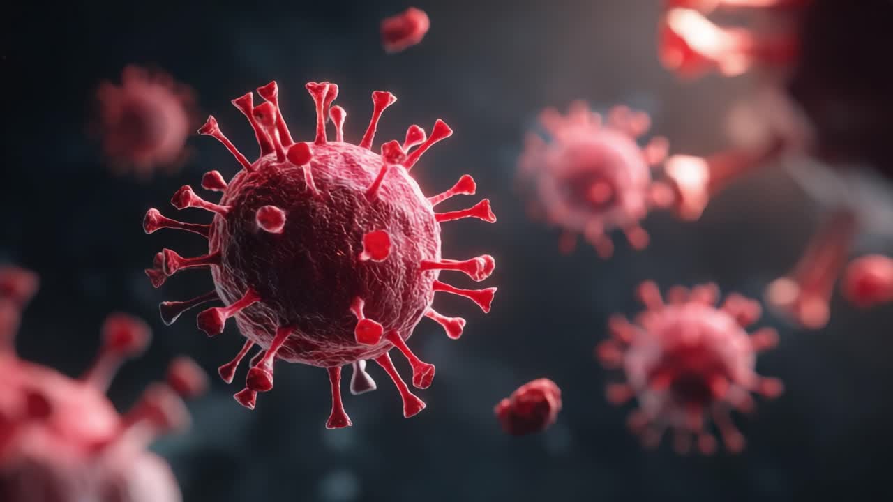 Visualizzazione dettagliata di particelle virali ad alto ingrandimento, che mostra strutture complesse e caratteristiche di un coronavirus in un ambiente microscopico.
