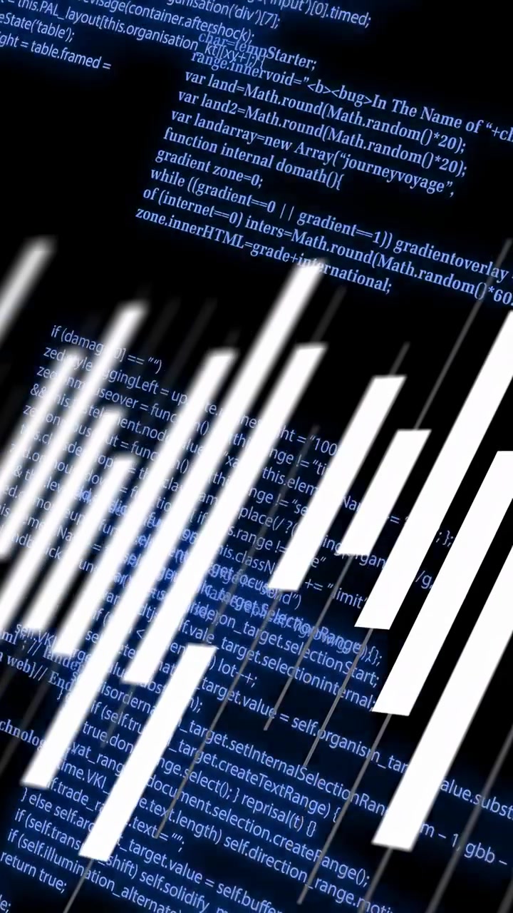 Vertical video: On start white diagonal bars shifting, blurring, revealing blue code behind canvas