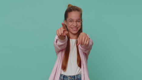 pretty girl smiling excitedly and pointing to camera, choosing lucky winner, indicating awesome you