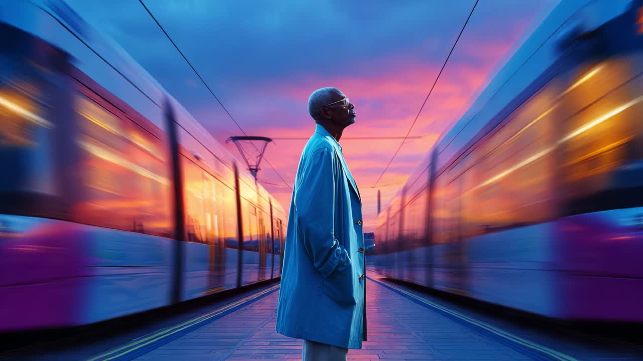 A contemplative figure stands still at a vibrant train station, as colorful trains rush past, contrasting the serene mood against a backdrop of breathtaking sunset hues