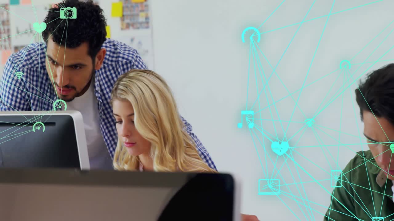 Collaborating in office, diverse team using digital animation for networking