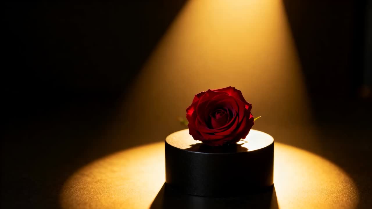 Documentare la rotazione di una rosa rossa in fiore su una scatola nera su un tavolo, proiettando un'ombra sotto un caldo riflettore