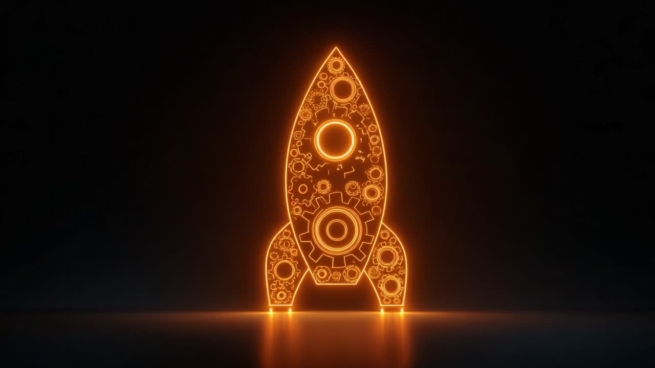 Glowing orange rocket made of rotating gears and cogs, pulsating with light on a dark background, conceptualizing the intricate engineering and powerful energy behind a successful startup launch