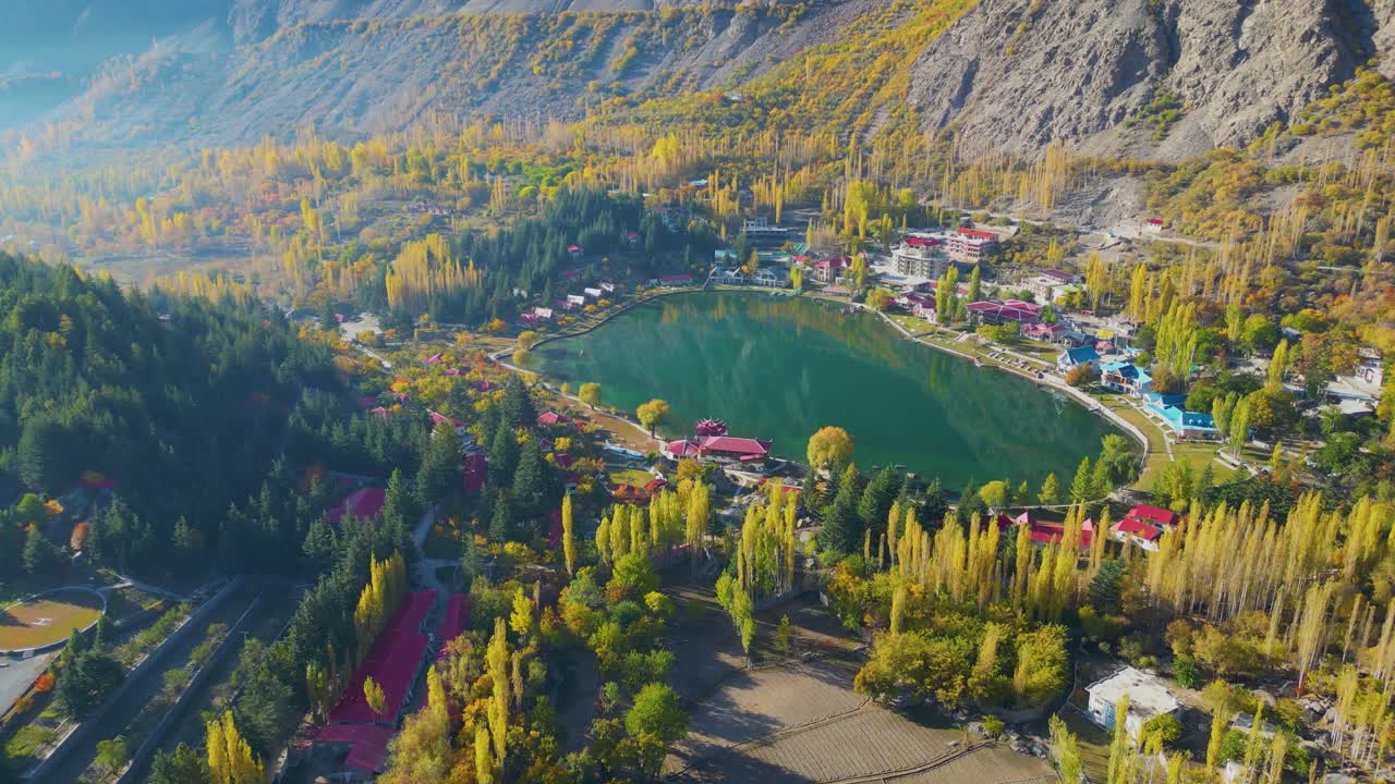 Aerial View Over Calm Reflective Lower Kachura Lake, also known as Shangrila Lake Near Skardu In Gilgit−Baltistan, Pakistan