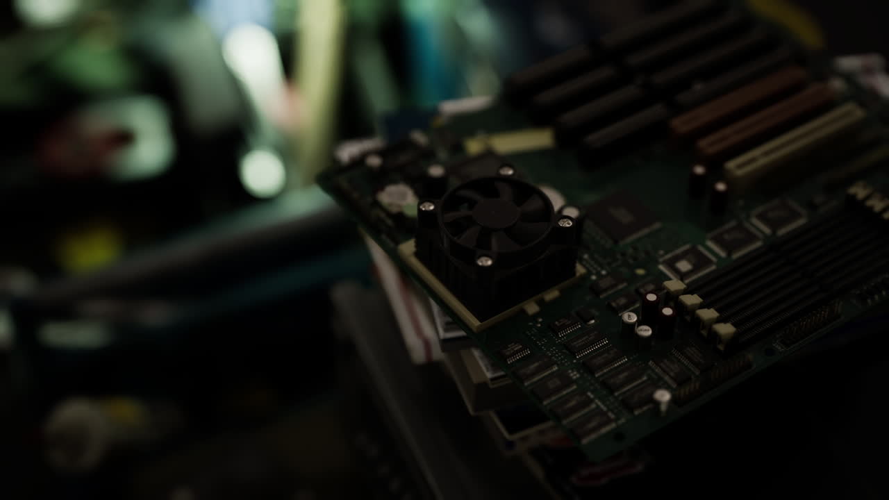 vista de cerca de una placa de circuitos con componentes en un taller débilmente iluminado