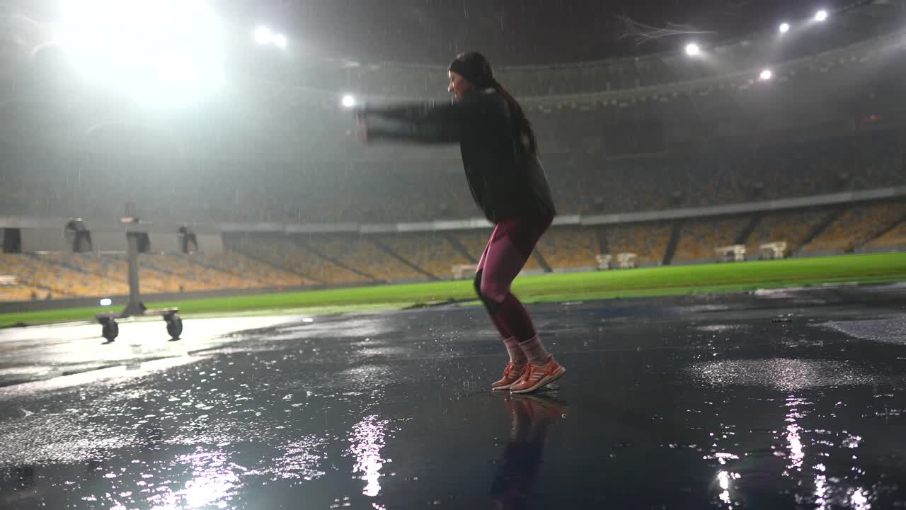 밤 에 은 경기장 에서 춤 을 추는 여자