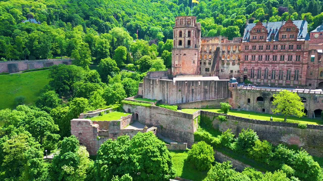 4K Aerial Drone Video of Beautiful Towers and Gardens of the Castle on Königstuhl Hill overlooking Heidelberg, Germany