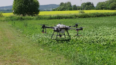 unmanned agricultural drone with spray system land on green farmland