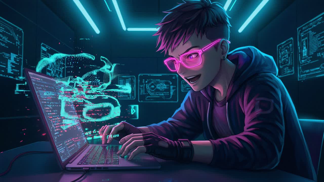 A young hacker deeply engrossed in a coding session, surrounded by glowing screens in a dimly lit tech room during the night hours