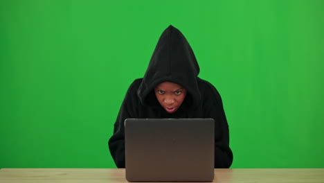 black woman, green screen or hacker hacking