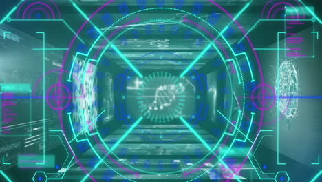 Animation of neon round scanner and interface against screens with medical data processing