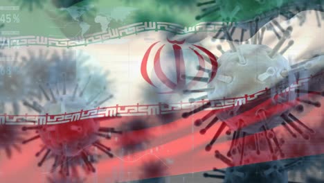 Makro-Corona-Virus-Breitet-Sich-Aus,-Im-Hintergrund-Weht-Die-Iranische-Flagge