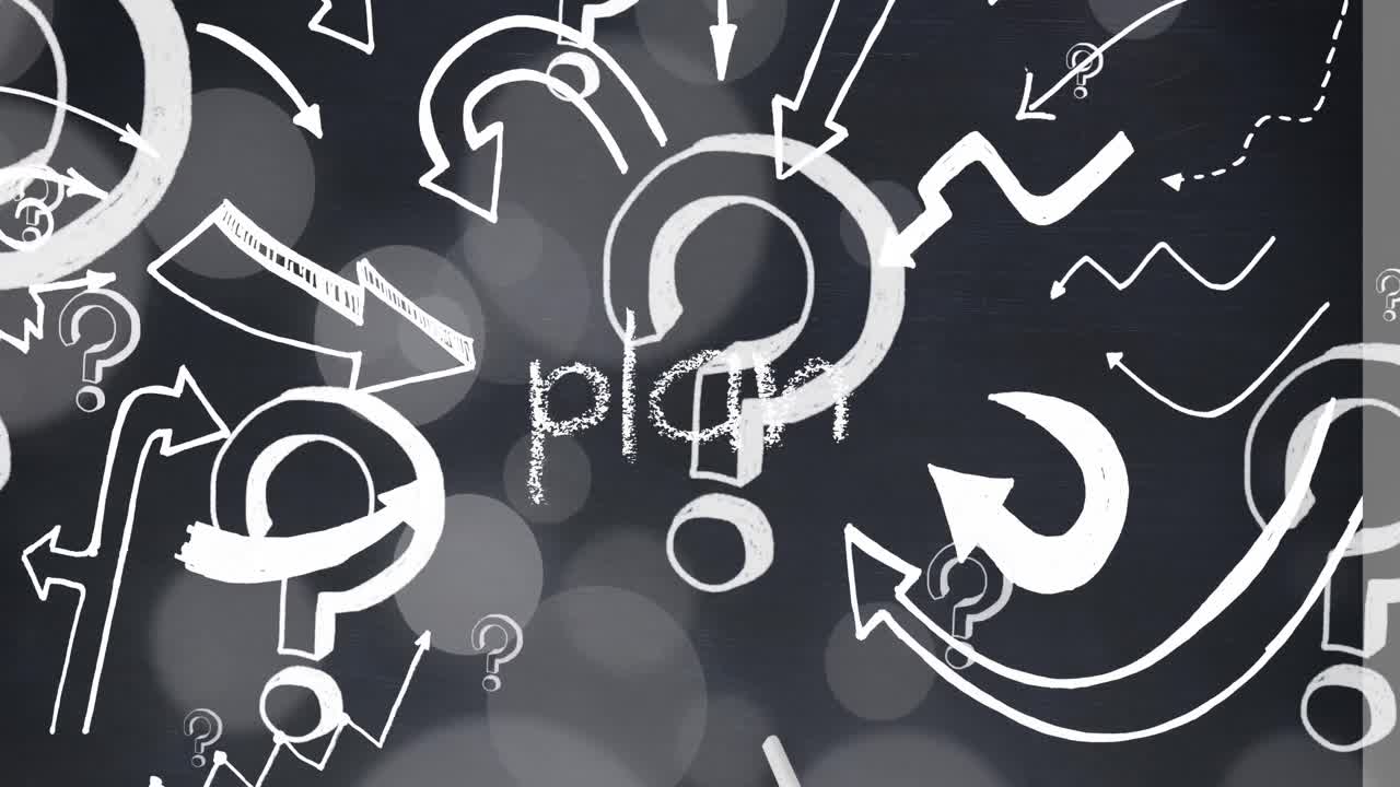 animación de signos de interrogación sobre el texto del plan y las flechas