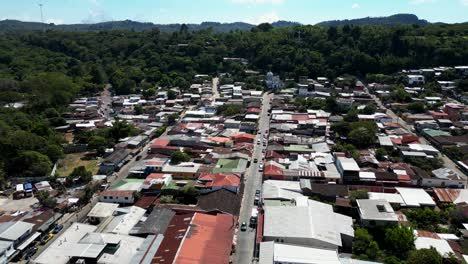 Drone-shot-small-shacks-and-huts-in-Central-American-slum-town