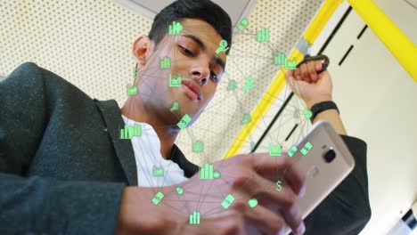 Animation-of-connected-icons-over-low-angle-view-of-biracial-man-using-cellphone-on-train