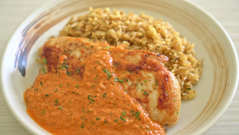 grilled chicken steak with red curry sauce and rice - muslim food style