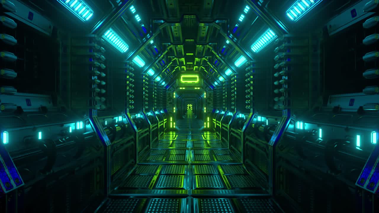 Futuristische ruimteschipcorridor met neonverlichting