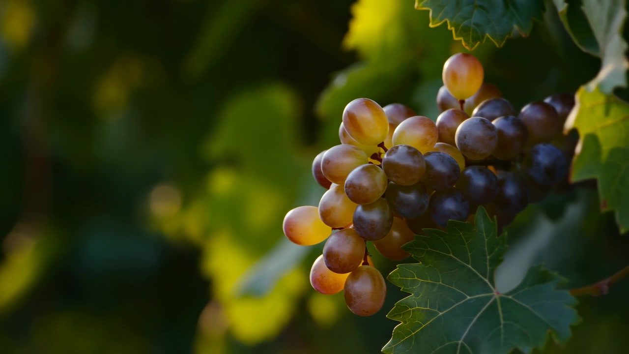 L'uva illuminata dal sole rimane a grappoli sulla vite mentre le foglie circostanti si muovono sottilmente, rivelando riflessi dorati traslucidi, bucce viola intenso, venature delle foglie nitide e uno sfondo bokeh verde sfumato.