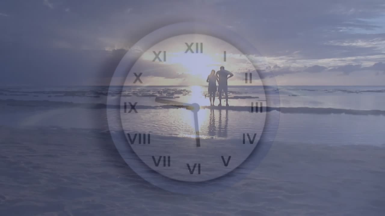 Animation of clock moving fast over people standing on beach by sea