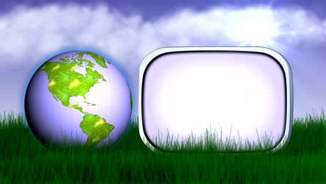 earth on grass and empty monitor, animation, rendering, loop