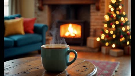 cozy christmas living room with hot drink