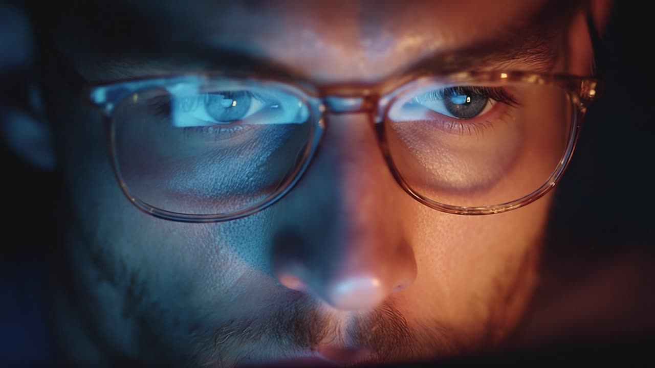 Focused Intensity: A Close-up of an Individual's Eyes Behind Glasses, Capturing the Details of Concentration and Engagement in a Dimly Lit Environment