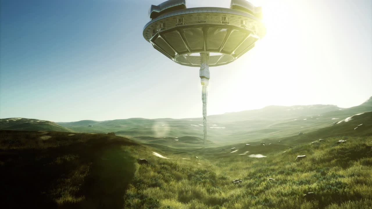 Mystical alien ship hovers above a serene landscape during golden hour