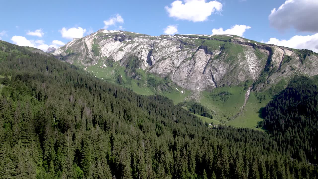 Scenic aerial of French Alps pine tree forest with clouds in blue sky above mountain rocks at Lac du Mines d'Or [translation: Lake of Gold Mines] Tour de France vacation outdoor sports during summer