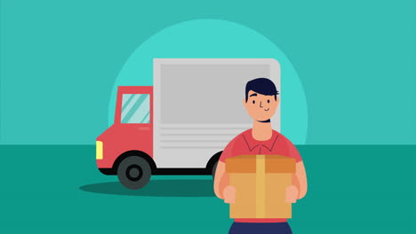 delivery person with package and truck