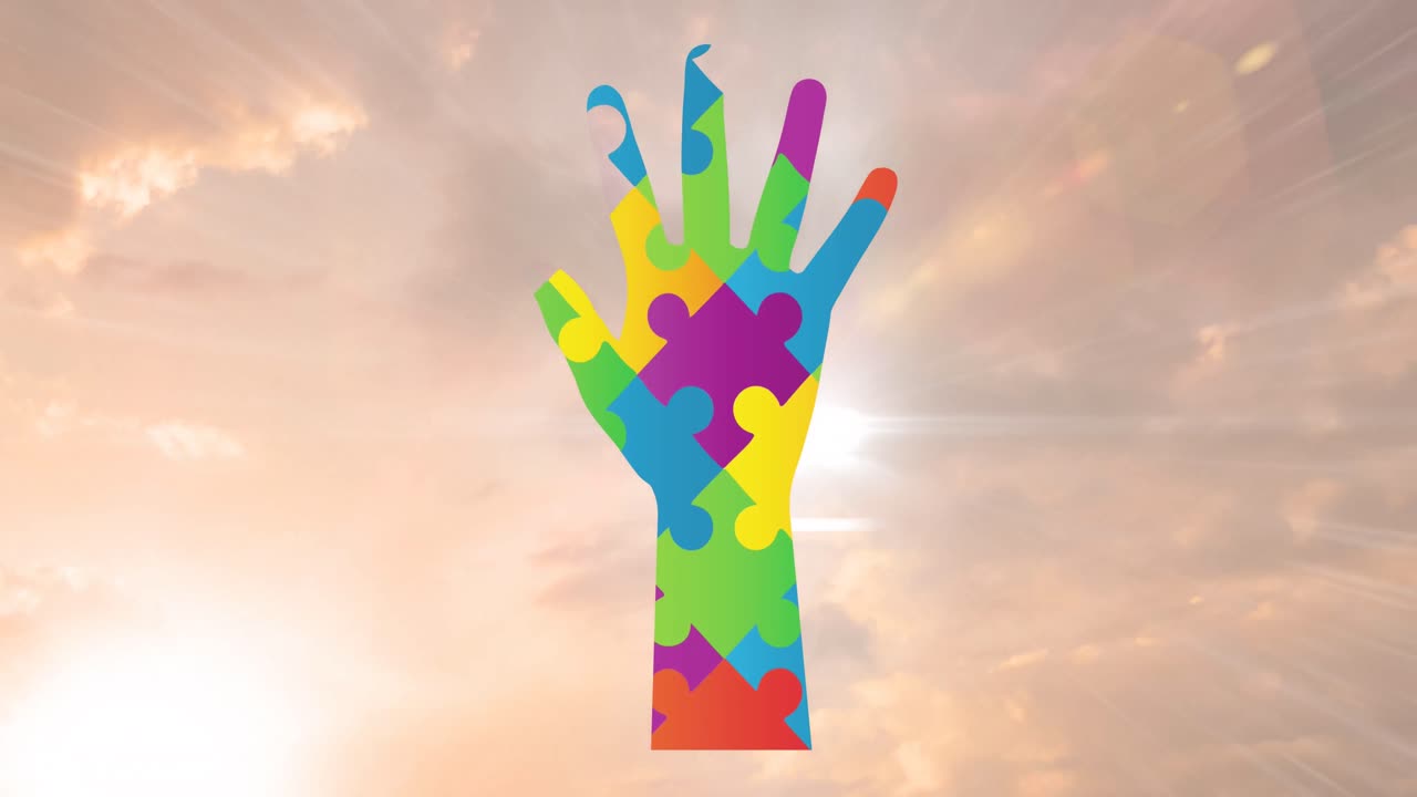 하늘 위에서 손을 형성하는 다채로운 퍼즐 조각의 애니메이션