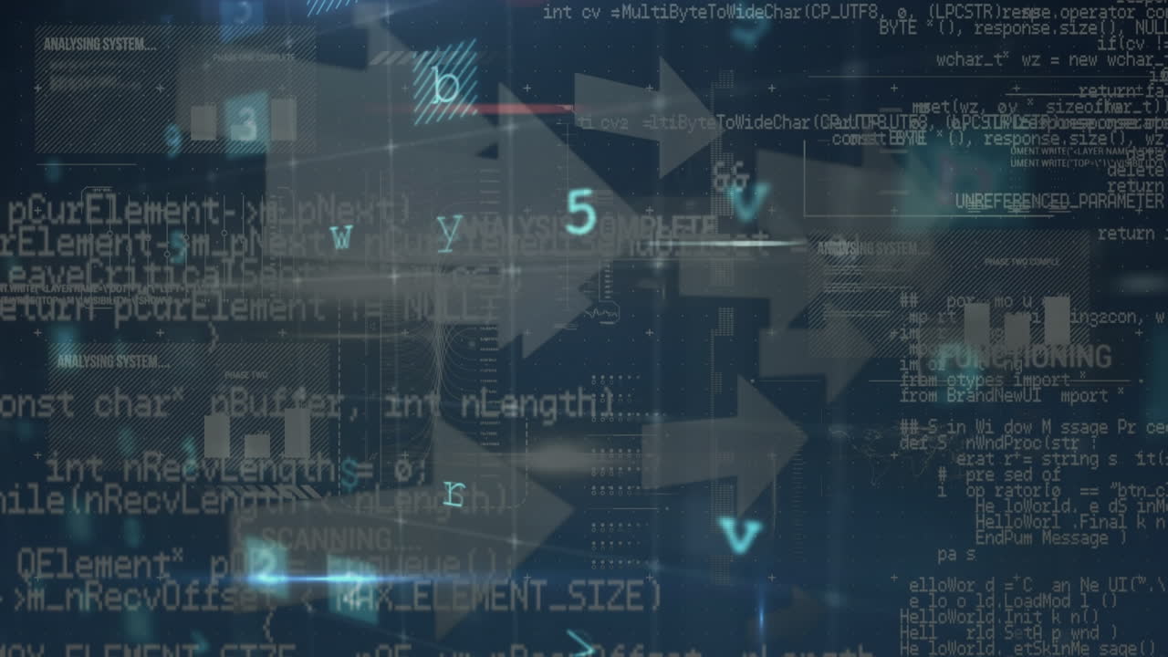 Animation of cyber attack warning over data processing and arrows on black background