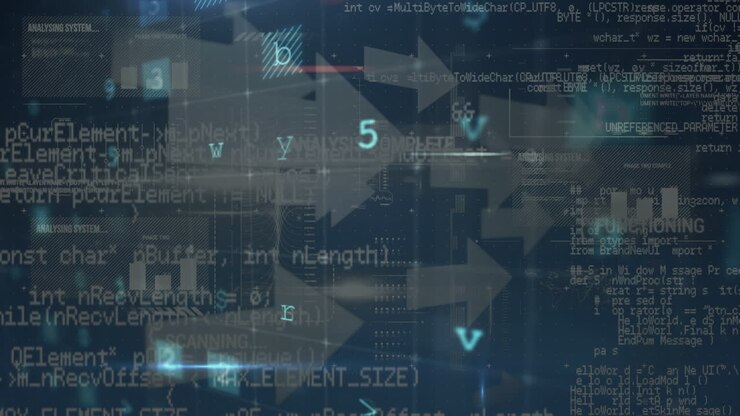 Animation af cyberangrebsadvarsel over databehandling og pile på sort baggrund