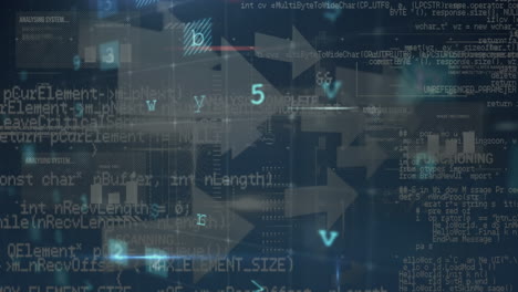 animation of cyber attack warning over data processing and arrows on black background