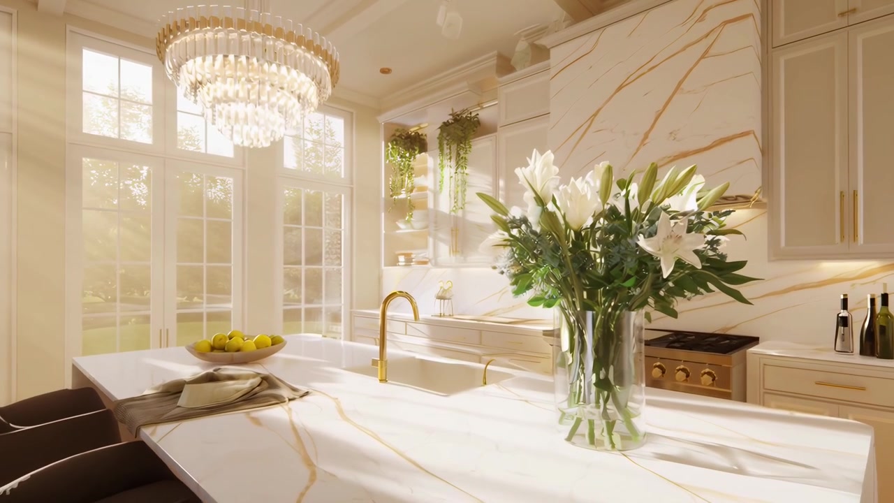 Luxurious Modern Kitchen Interior with Marble Countertops and Crystal Chandeliers