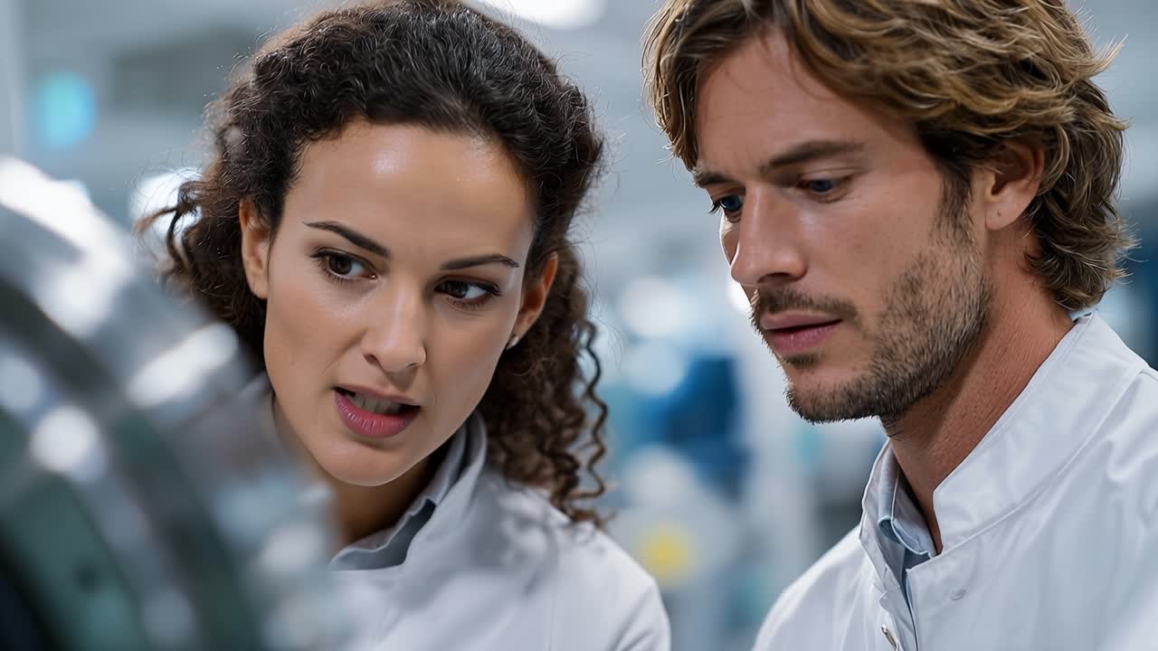 Scienziato e ingegnere esaminano i dati insieme. Entrambi si concentrano intensamente sugli schermi. Le loro espressioni mostrano calma concentrazione. Ideale per immagini di scienza, tecnologia o ricerca. Non sono presenti animali o piante.